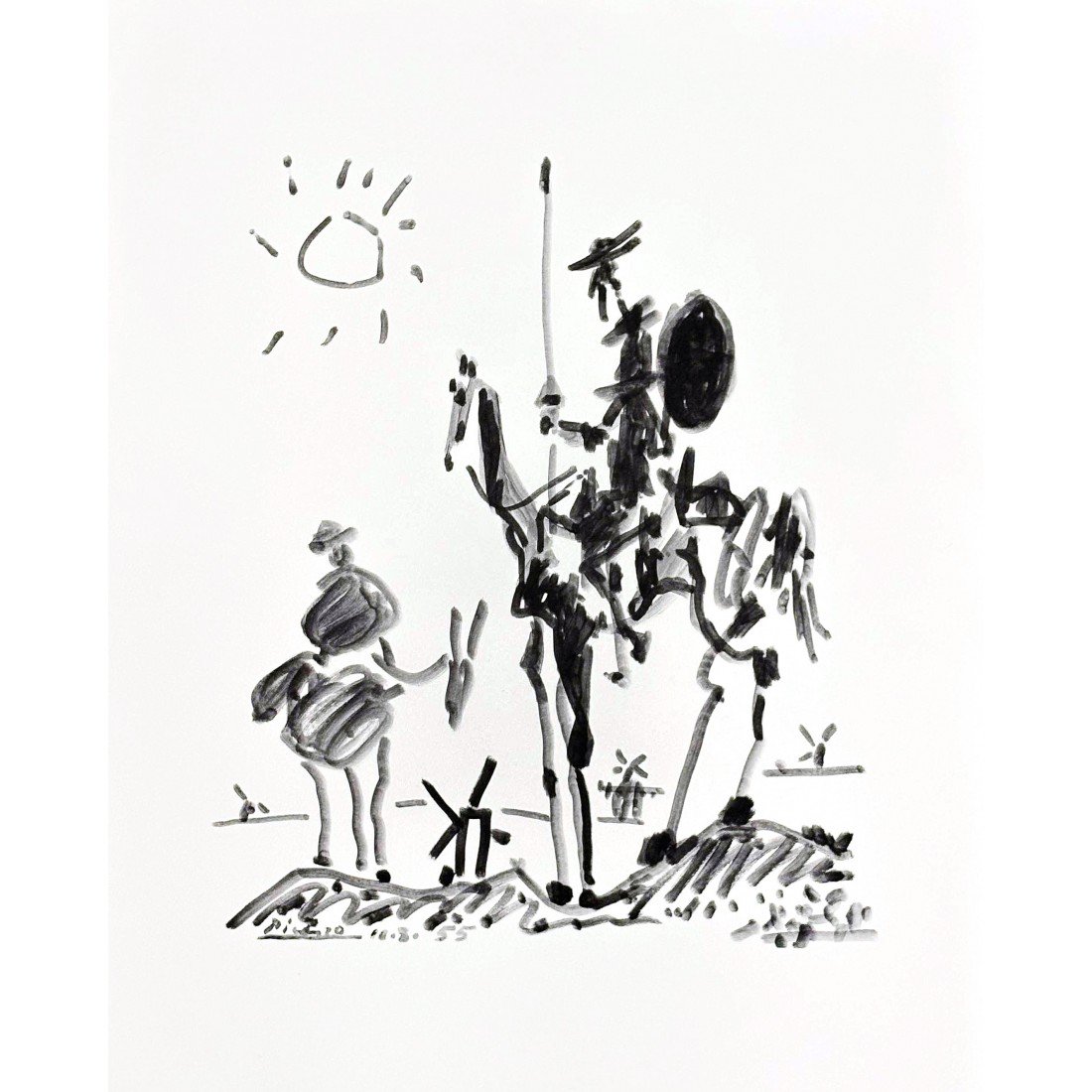 Pablo Picasso sketch of Don Quixote and Sancho Panza. Don Quixote fought imaginary giants that turned out to be windmills.